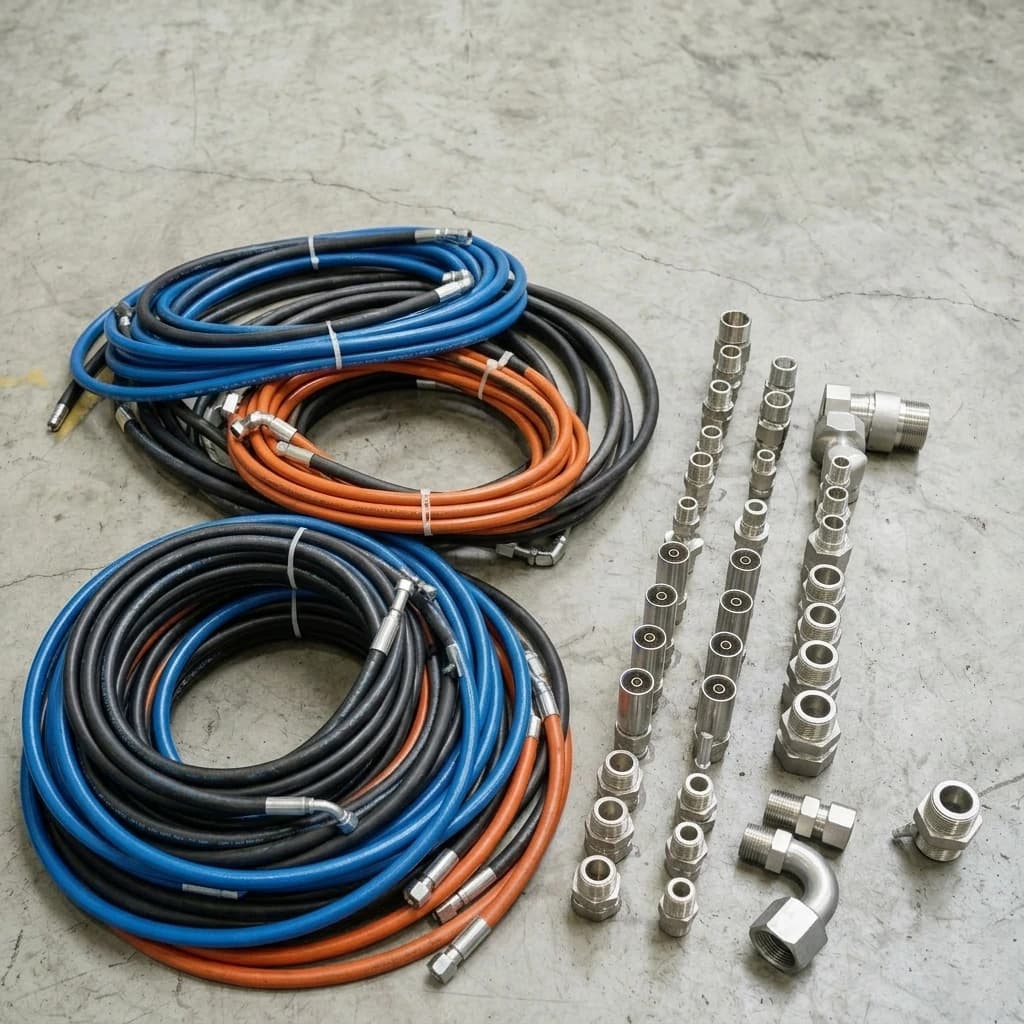 High-pressure hydraulic hose coiled on a storage reel ready for supply