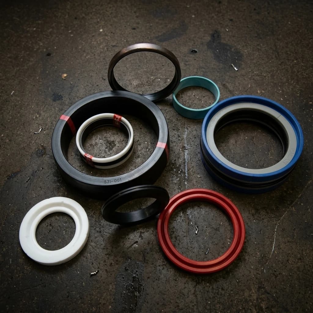 Assorted coloured hydraulic seals and O-rings held in a workshop stock tray