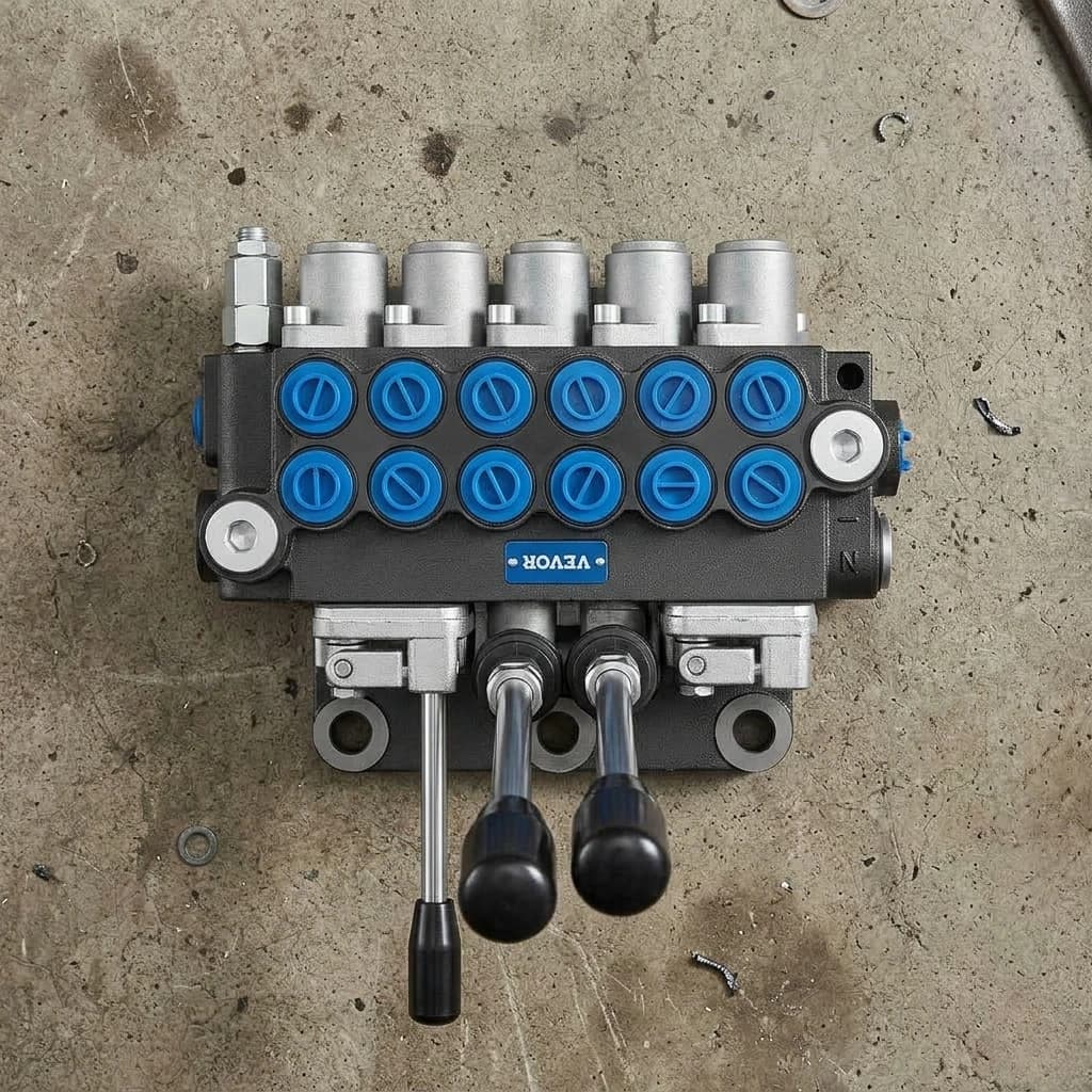 Row of industrial hydraulic valves with red handwheels ready for dispatch