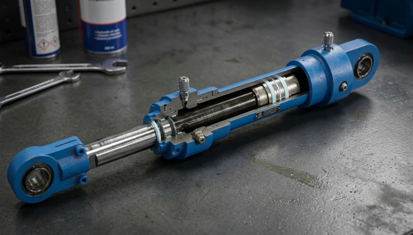 Machined steel hydraulic piston rod with threaded end during a cylinder overhaul