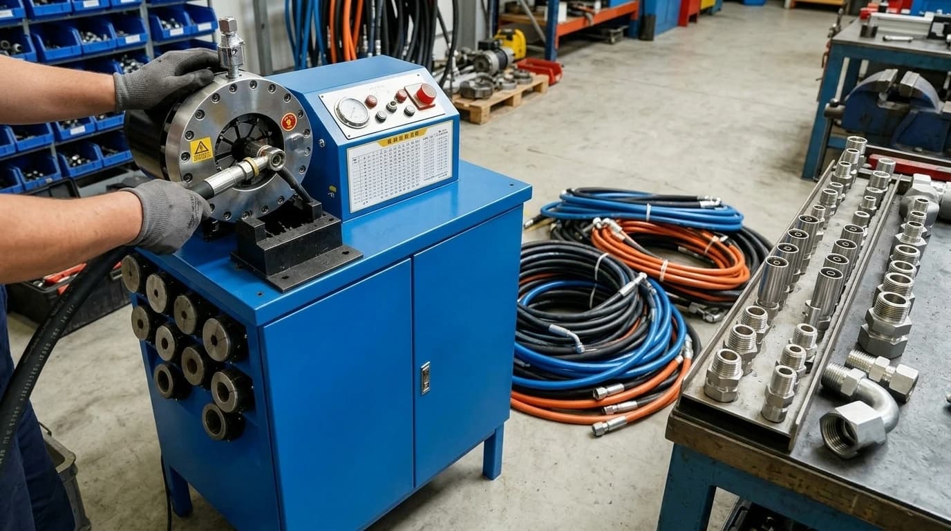 High-pressure hydraulic hoses and fittings staged ready for fabrication and replacement