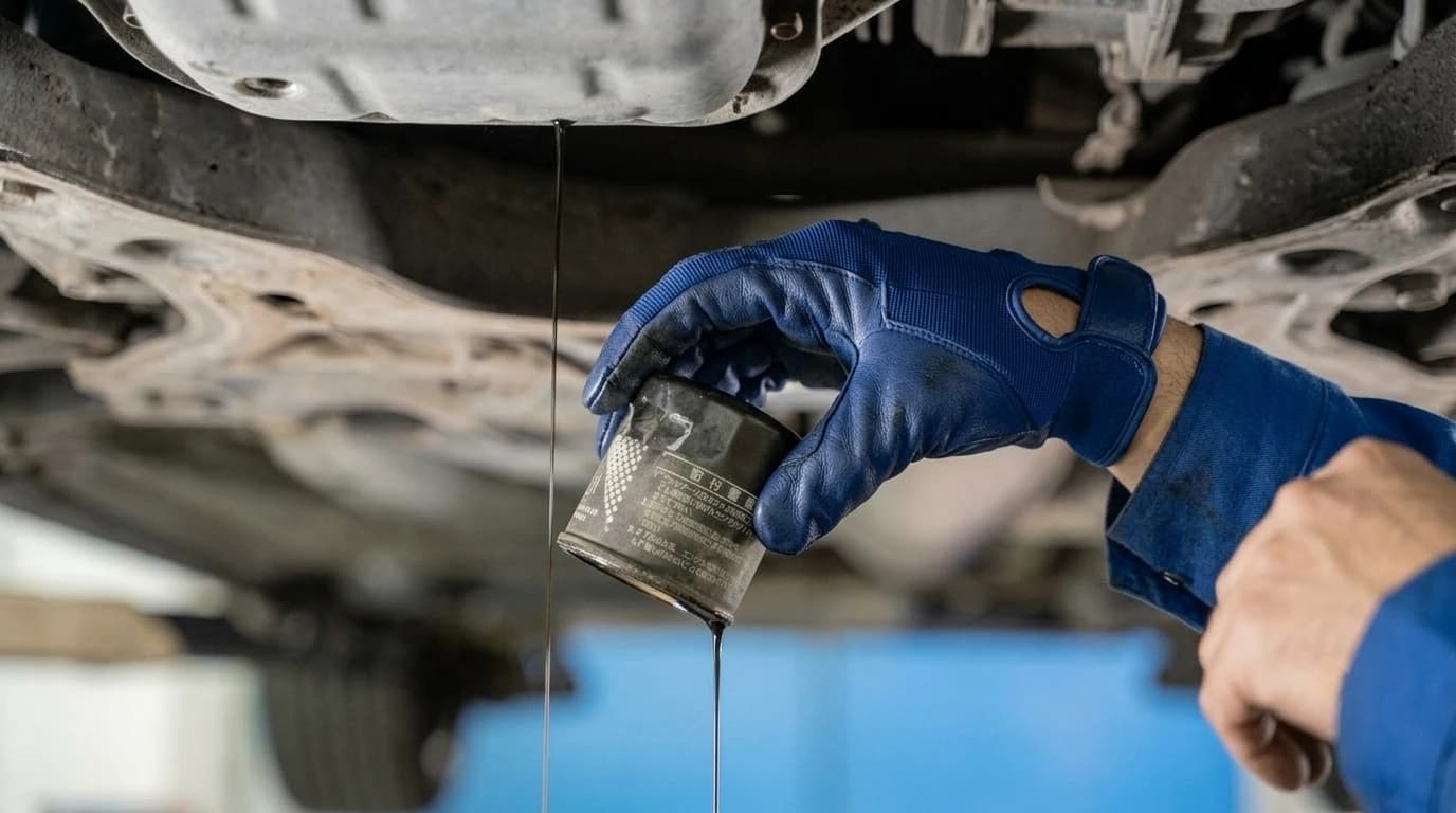 Technician pouring hydraulic oil during a preventive maintenance fluid service